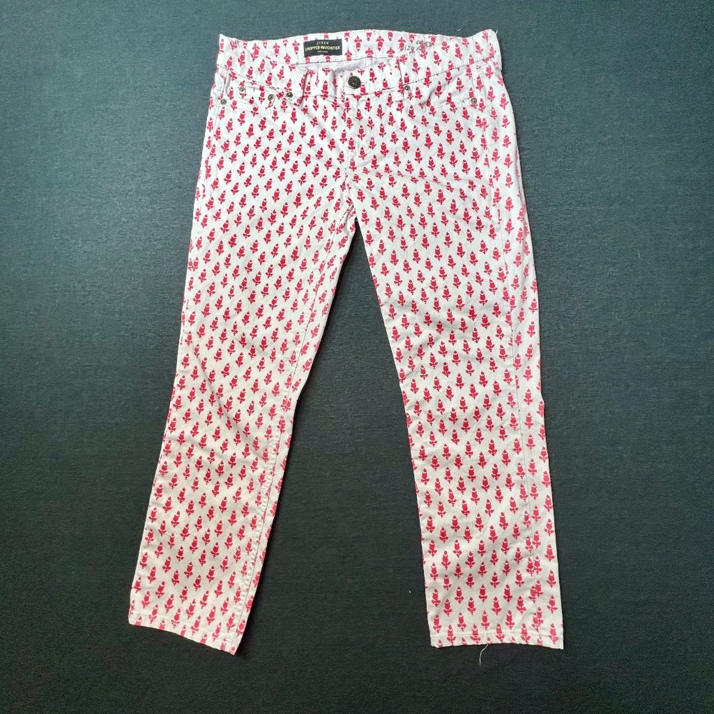 J. Crew Women Cropped Matchstick Pants, Sz 29 White w/ Pink Tulip Novelty Print
